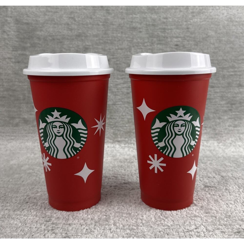 Set of 2 Starbucks 25 Years Holiday Cup Cheer 2023 Red Cups & Lids